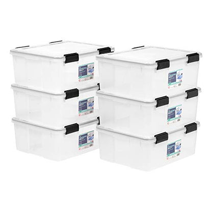 IRIS USA WeatherPro 31 Qt Storage Bins with Lids, 6 Pack, BPA-Free Plastic Gasket Box with Tight Latch and Seal, Stackable Nestable Tote Tub - Clear/Black - size: 31 Qt, style: 6 Pack