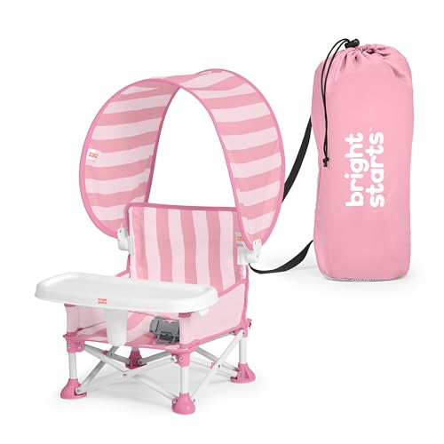 Bright Starts Pop 'N Sit Cabana Baby Beach Portable Booster Chair with UPF Canopy, Floor Seat for Indoor/Outdoor Use, Compact Fold, Pink, 6 Months–3 Years - color: Core Pink Stripe
