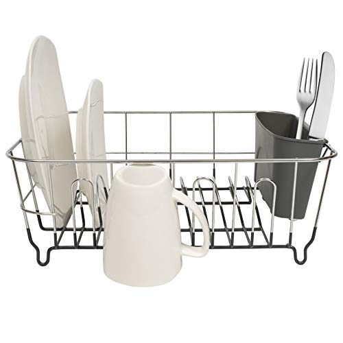 Dish Drying Rack & Cutlery Holder 2 Piece Set ✅ Compact Sink-Fitting Dish Drainer with Rubberized Undercoating ✅ Space-Saving Kitchen Organizer for Plates, Cups, Bowls & Utensils In Sink, Dark Gray