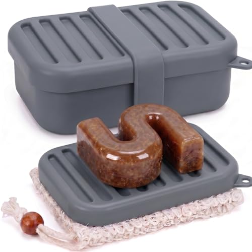 Superior Leak-Proof Silicone Bar Holder and Soap Case | Travel Container with Lid & Drain Tray | Includes Silicone Strap & Sisal Soap Bag | for Camping, Gym, and Travel Size Toiletries (Gray) - color: Gray