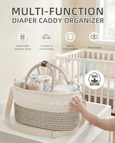 Baby Diaper Caddy Organizer With Handle, Cotton Rope Baby Shower Basket, Large Diaper Caddy with Shoulder Straps for Newborn Parents, Home and Car Travel, 14.5"x8.5"x7.5
