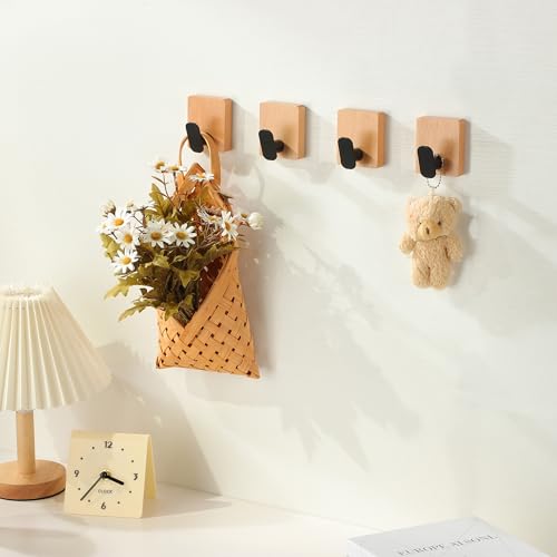 DELITON Towel Hooks Wall Mounted - Adhesive Bathroom Coat Hooks for Hanging Robes Clothes Light Brown, Black Solid Wood Beech Wall Hook 4 Packs - color: Light Brown