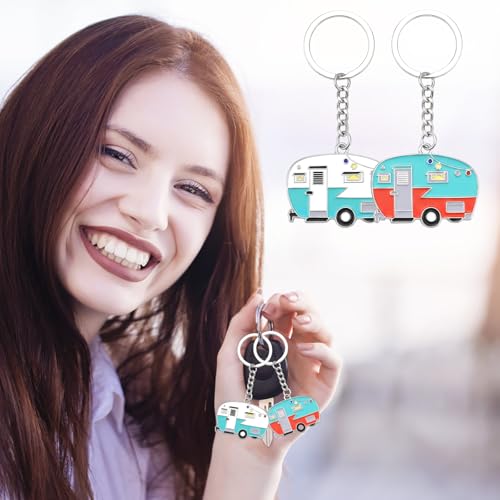 Thinp 2 Pieces Camper Keychain, RV Camper Keyring Accessories for Travel Trailers Enameled Metal Retro Camping Car Keychain - color: Green+red