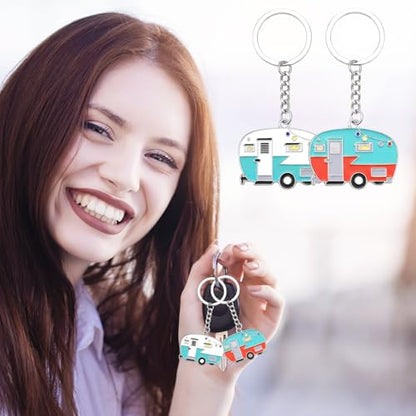 Thinp 2 Pieces Camper Keychain, RV Camper Keyring Accessories for Travel Trailers Enameled Metal Retro Camping Car Keychain - color: Green+red