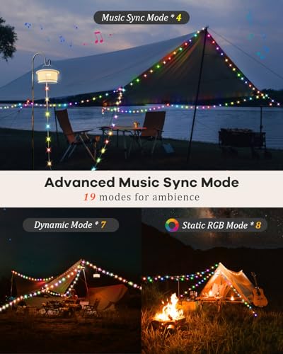 HOMEBEST Upgraded 33FT RGB Camping String Lights, Retractable Camping Lights with Music Sync, 19 Modes, Rechargeable Waterproof Tent Lights, Portable Camping Lantern for Tent, RV, Patio & Awning - color: White
