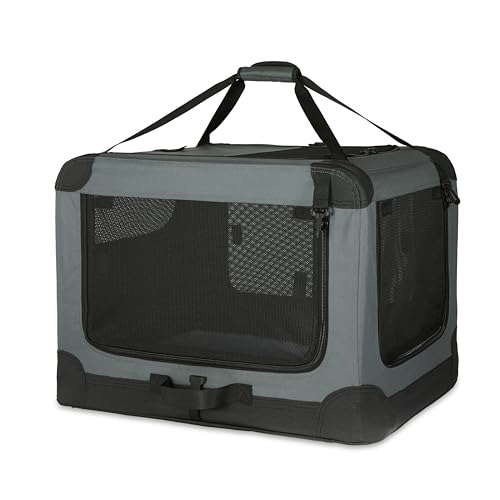 Amazon Basics 4-Door Portable Folding Soft Dog Crate, Collapsible Travel Kennel for Cat, Dog, and Small Animals, Pop Up with Fleece Mat, Water-Resistant Base, Grey, 36" x 24" x 24" - color: Grey, size: L 36" x 24" x 24"