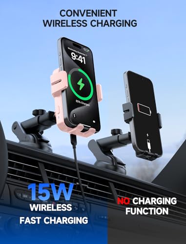 MOKPR Wireless Car Charger, 15W Auto Clamping Car Charger Dash Windshield Air Vent Phone Holder Compatible with iPhone 16 15 14/13/13 Pro/12 pro/12/11/X/8, Samsung S24/S23/S22, Pink - color: Pink