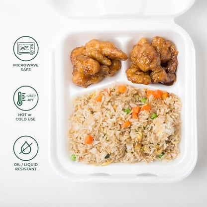Freshware Compostable Clamshell Food Containers [8x8"] 3-Compartment 50-Pack, Disposable Containers, Biodegradable Sugarcane to Go Boxes - Paper Food Containers - Microwave & Freezer Safe, Stackable - size: 8 x 8 Inch [50 Pack]