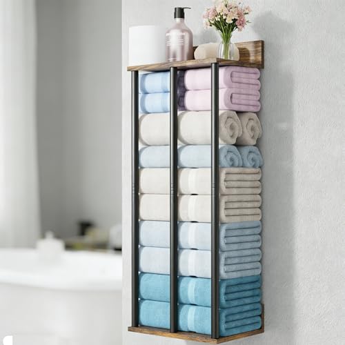 Towel Racks for Bathroom Wall Mounted, Upgraded Bathroom Towel Holder Bath Storage Rack for Rolled Towel, Small Towels, Folded Towels, Rustic Organizer Rack with Shelf, 34Inch - color: Rustic Brown, size: 2-Tier