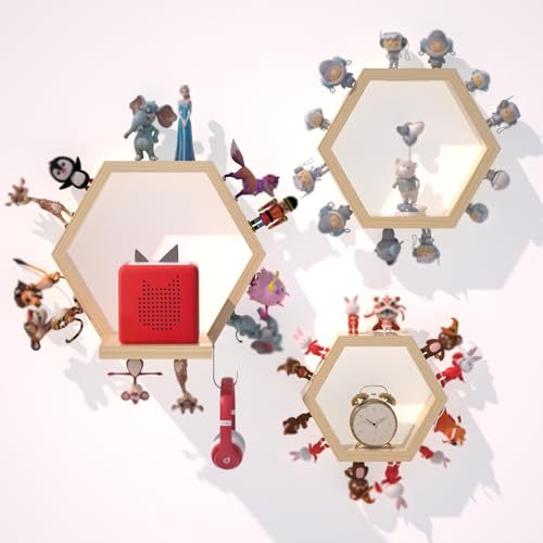 Hexagon Tonies Shelf Magnetic Set of 3, Wall Toy Storage for TonieBox Wood | Wooden Tonies Storage Shelf for Kid Room, Display Floating Shelves Compatible with Tony Accessories, Hold 40 Tonie Figures - color: Wood