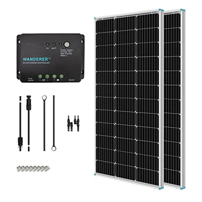 Renogy 200 Watt 12 Volt Monocrystalline Solar Panel Starter Kit with 2 Pcs 100W Solar Panel and 30A PWM Charge Controller for RV, Boats, Trailer, Camper, Marine ,Off-Grid System - size: Starter200W+PWM 30A