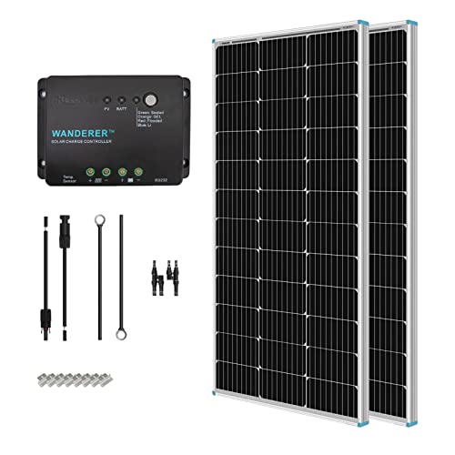 Renogy 200 Watt 12 Volt Monocrystalline Solar Panel Starter Kit with 2 Pcs 100W Solar Panel and 30A PWM Charge Controller for RV, Boats, Trailer, Camper, Marine ,Off-Grid System - size: Starter200W+PWM 30A