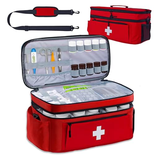 Large First Aid Bag Empty Medical Bag 2-Layer 16"x 9½"x7" Pill Bottle Box Portable Emergency Bag for Outdoor & Home, Reinforced First Aid Kit Bag Travel Madicine Bag with Shoulder Strap (Red) - color: Red