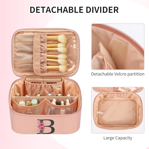 OCHEAL Initial Makeup Bag,Monogram Make up Bag Pink Travel Makeup Organizer Case Beauty Toiletry Cosmetic Bag with Brush Holder, Trendy Stuff Personalized Gifts for Women and Girls-T - color: Pink, style: T