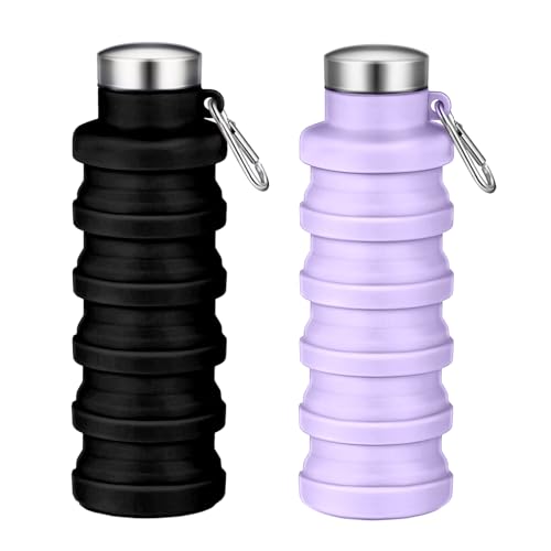 Collapsible Water Bottles,16oz Capacity Portable Reusable Silicone Water Bottle,Leak-proof,with buckle,foldable storage,Lightweight Durable for Fitness,Cycling,Sports,Camping,Hiking (Black+Purple) - color: Black+Purple