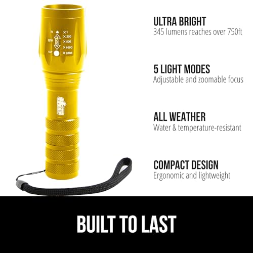 GORILLA GRIP Powerful LED Tactical Flashlight, 750 FT High Lumens 5 Adjustable Modes, Water Resistant, Ultra Bright Zoom Flashlights, Small Mini Flash Light, Camping, Night Dog Walking, Gold - color: Yellow Gold