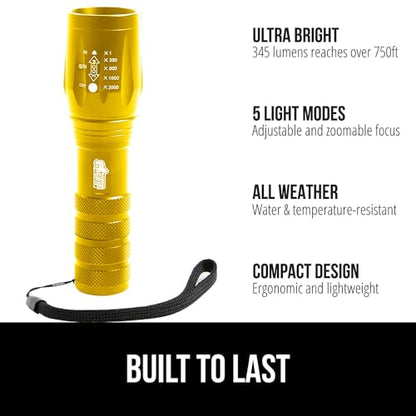 GORILLA GRIP Powerful LED Tactical Flashlight, 750 FT High Lumens 5 Adjustable Modes, Water Resistant, Ultra Bright Zoom Flashlights, Small Mini Flash Light, Camping, Night Dog Walking, Gold - color: Yellow Gold