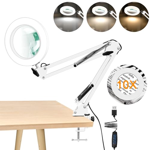 10X Magnifying Glass with Light and Clamp, Real Glass LED Lighted Magnifier, 3 Color Modes 10 Level Dimmable, Magnifying Lamp with Clamp for Reading Craft Hobby Close Work, White - color: White, size: Without Stand
