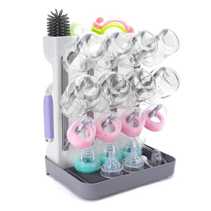 Baby Bottle Drying Rack: Space Saving Vertical Bottle Drying Holder with Brushes Holder - Large Bottle Storage Holder Organizer 12 Bottles & Baby Accessories,BPA-Free, Gray - color: Gray