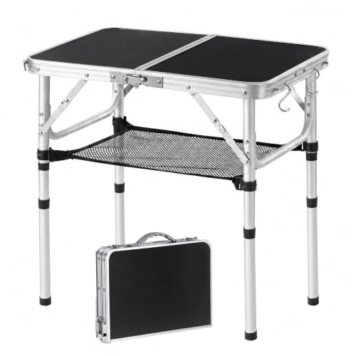 YUFIFAIRY Small Folding Table 2 Foot, Portable Camping Table with Mesh Holders,Lightweight Aluminum Adjustable Height, with Carry Handle for Camping Picnic Indoor Outdoor, White 24 x 16 inch (Black - color: Black, size: 24''L x16''Wx24"H