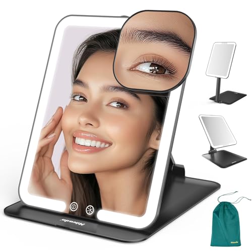 Mocado Travel Makeup Mirror with Light - 7x5 Inches Tripple Folding Travel Mirror with Light, 3 Colors Lighted Makeup Mirror, Portable Makeup Mirror, Freely Adjust Height and Angle(Black) - color: Black, size: 7.5"L x 5"W