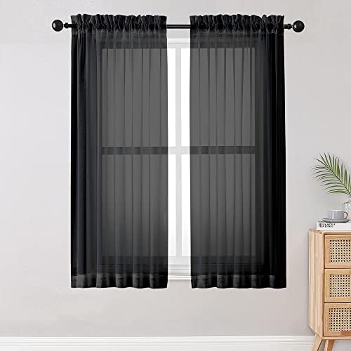 OWENIE Sheer Curtains Living Room 54 inches Long, Rod Pocket Curtain Sheers Bedroom, Light Filtering Voile Panels Drapes Small Window Treatments 2 Panels, 42" W x 54" L, Black - color: Black, size: 42"W x 54"L (Pack of 2)