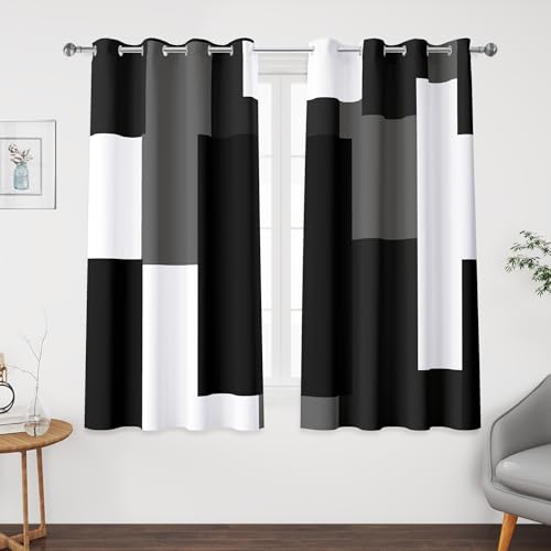 Tyrot Black Grey 100% Blackout Curtains 52 inch Length 2 Panels Set White Grey Modern Abstract Geometric Drapes for Kitchen Black Out Curtains Insulated Room Darkening Small Window Curtains, 52Wx45L - color: Grey, size: 52"W x 45"L (Pack of 2)