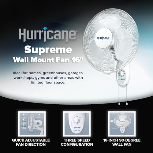 Hurricane 16" Supreme Oscillating Wall Mount Fan w/ 3 Quiet Speeds, White - Corded Electric Air Cooling Unit w/ Easy Pull Cord Controls for Homes, Greenhouses, Garages, Workshops & Gyms - style: 16" Supreme
