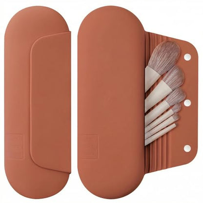 AGIKET Silicone Makeup Brush Holder Travel Cosmetic Bag：Soft Portable Cosmetic Face Brushes Holder with Upgrade Anti-Fall Out Magnetic Closure, Large Travel Makeup Brush Case - Brown - color: Brown, style: Brush Holder