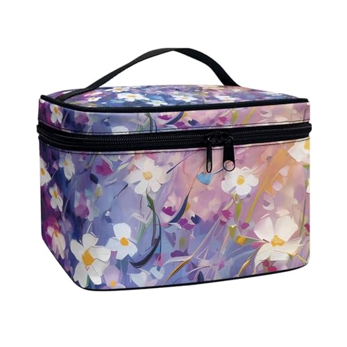 Flashideas Daisy Print Makeup Bag Portable Cosmetic Bag Large Capacity Travel Toiletry Bag Double Zippers for Cosmetics Vertical Storage Multifunctional Makeup - color: Daisy Print 1