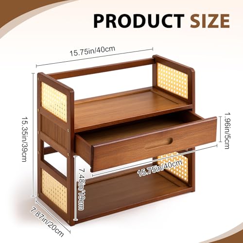 Yalikop Bamboo Matcha Station Organizer 2 Tier Countertops Stand Shelf with Hidden Drawer Coffee Station Organizer for Whisk Set Bowl Cup Mug, Home Kitchen Bars 15.75" x 7.87" x 15.35"(Brown)