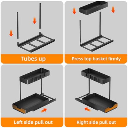 Simple Trending Under Sink Organizer 2 Pack, 2 Tier Cabinet Organizer with Sliding Basket, Multi-Purpose Sink Storage Basket with 4 Hooks for Kitchen Bathroom, Black - size: 2 pack