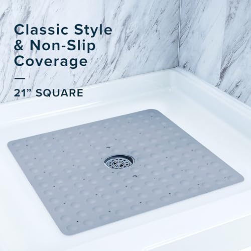 SlipX Solutions Square Natural Rubber Shower Stall Mat, 21” x 21”, Mildew Resistant, Non Slip Safety, Antimicrobial Product Protection, 140 Power Grip Suction Cups, Center Drain Hole, Gray - color: Gray