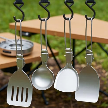 Camping Cooking Utensil Set, 6 Piece Stainless Steel Portable Cookware Set, Foldable Camp Utensil Tools For Outdoor Grilling BBQ Travel Road Trip