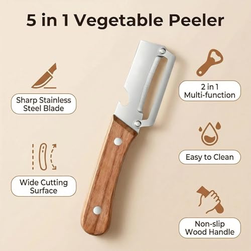 NEW Premium Vegetable Peeler with Wooden Handle and Bottle Opener: 2-in-1 Stainless Steel Kitchen Tool for Fruit Apple Potato Pumpkin Papaya (2Pcs) - color: 2Pcs