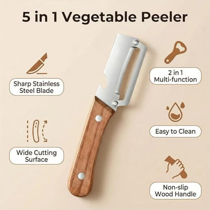 NEW Premium Vegetable Peeler with Wooden Handle and Bottle Opener: 2-in-1 Stainless Steel Kitchen Tool for Fruit Apple Potato Pumpkin Papaya (2Pcs) - color: 2Pcs