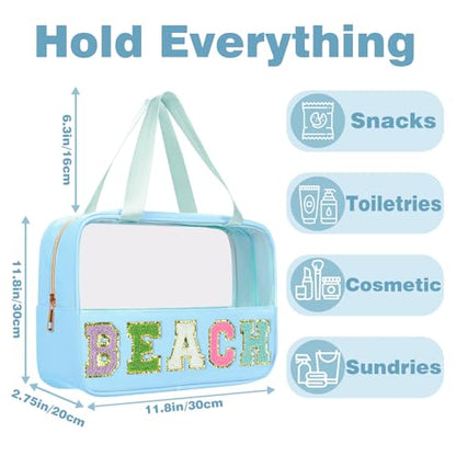 Beach Bags Chenille Letter Patch Clear Beach Bag for Travel Preppy Cosmetic Bags Clear Snacks Pouch with Zipper Toiletry Bags for Traveling Women Travel Bags for Toiletries - color: Blue-Beach