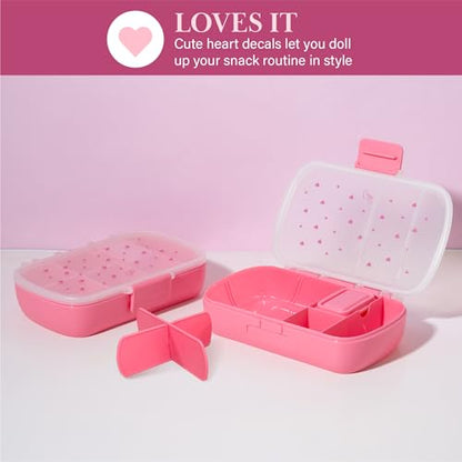 Paris Hilton 2-Pack Bento Style Snack Boxes, 7-Compartment Lunch Containers with Built-In Phone Stand, Removable Dividers and Dip Containers, Pink Heart Print - color: Pink Heart Print