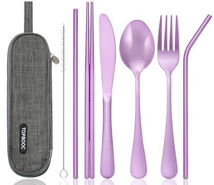 Portable Stainless Steel Flatware Set, Travel Camping Cutlery Set, Portable Utensil Travel Silverware Dinnerware Set with a Waterproof Case (Light Purple) - color: Light Purple