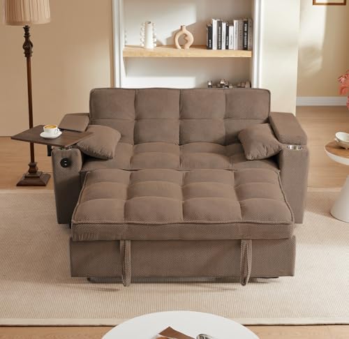 oaaktu ﻿ Large Size Convertible Sleeper Sofa Bed,Polka dot Velvet Pull Out Futon Couch with Storage handrails & Rotating Side Tables,Convertible Sofa Couch for Living Room,RV (Coffee) - color: 07s-coffee