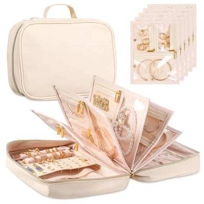 Travel Jewelry Organizer - Imitation Leather Travel Jewelry Case with Adjustable Pages, Jewelry Bag for Earrings,Rings,Necklaces,Bracelets-Perfect,Waterproof, Ideal for Trips & Gifts (Off-white) - color: Off-white