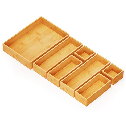 SpaceAid 7-Piece Bamboo Drawer Organizer Storage Boxes Set, Wood Tray Junk Drawer Organizers Multi-Use Divider Bins for Kitchen, Bathroom, Office Desk and Makeup Organization (7 Pack, Natural) - color: Natural