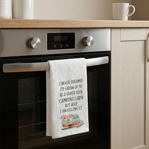 Camping Kitchen Towels 16x24 Waffle Weave, I Never Dreamed I’d Grow Up to Be a Super Sexy Camping Lady Dish Towels, Camp RV Gifts for Women, Gifts for Campers -A01 - color: Camping_01