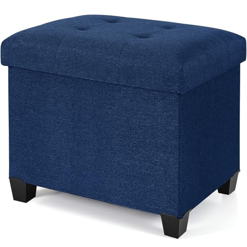 23.6" Ottoman with Storage, Rectangular Storage Ottoman, Linen Ottomans with Legs for Living Room Bedroom Dorm, Blue - color: Blue, Linen, size: 24"D x 17.5"W x 17.7"H