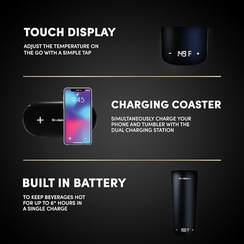 Brookstone Smart Self Heating Travel Mug & Wireless Phone Charging Station - 11.5oz Temperature Control Heated Coffee Tumbler | 6Hr Battery for Continuous Warmth | Double-Wall Stainless Steel - Black - color: Black Tumbler