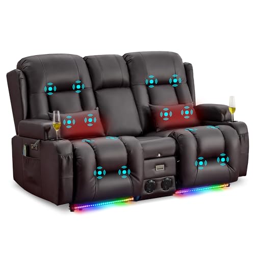URRED Power Loveseat Recliner Sofa with Massage and Heat, Wall Hugger Reclining Loveseat with Console, RV Couch Home Theater Seating with LED Lights for Living Room (Dark Brown, 67" - 2 Seats) - color: Dark Brown, size: 67" - 2 Seats