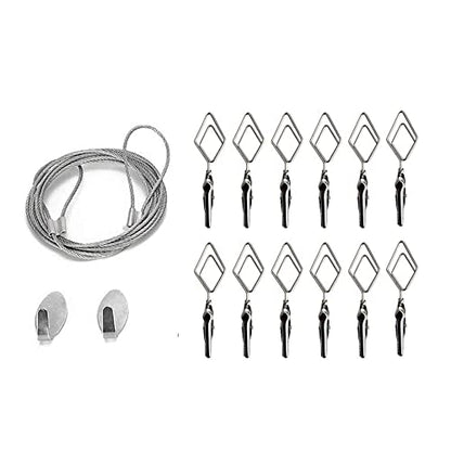 TFu Multi-Purpose Steel Wall Hanging Photo Display Cable Wire Rod with 12 Adjustable Clips for Hanging Photos Notes Postcard and Artworks (Rhombus) - size: Rhombus
