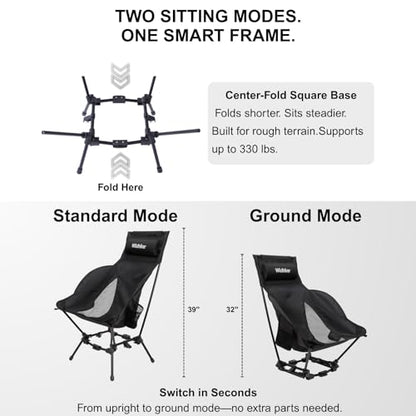 Wildhiker Compact High Back Camping Chair - Foldable with Dual Sitting Modes, Pillow, Arm Pads and Side Pockets - Lightweight Portable Chair for Motorcycle, RV, Festival, Travel - Black - color: Black