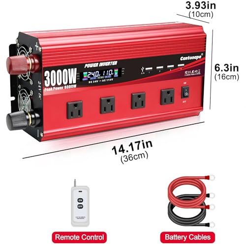 Cantonape 3000W Power Inverter 24V to 110V/120V DC to AC with LCD Display, Remote Controller 4 x AC Outlets and 4 x 3.1A USB Car Adapter for Car Truck Boat RV Solar System - size: 3000W-24V