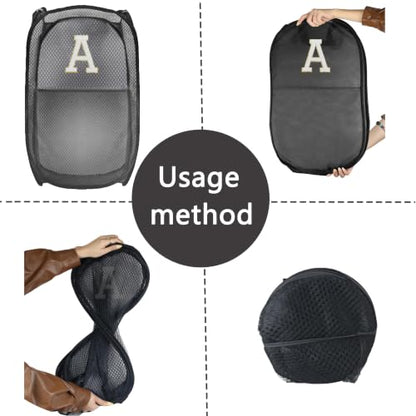 Collapsible Pop Up Laundry Hamper, Extra Large with Removable Initial Letter A, Mesh Foldable Laundry Basket, 28" x 16" x 16" (Black) - color: 1P BlackA